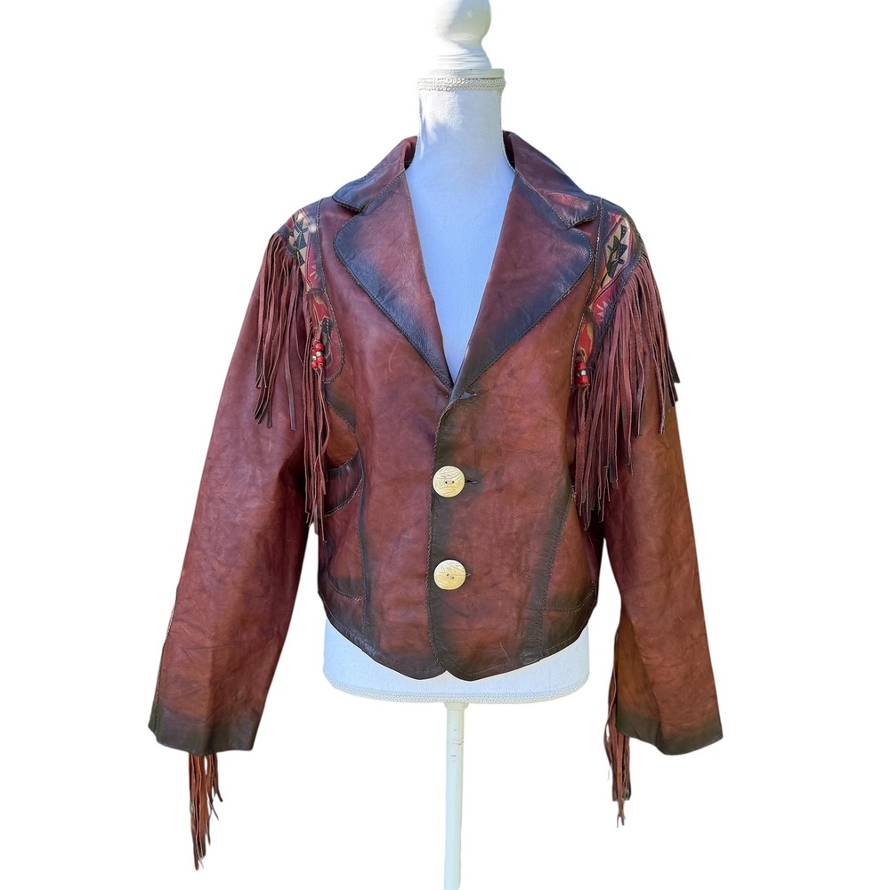 Vintage Kobler Real Leather Fringe‎ Beaded Western Style Jacket Medium